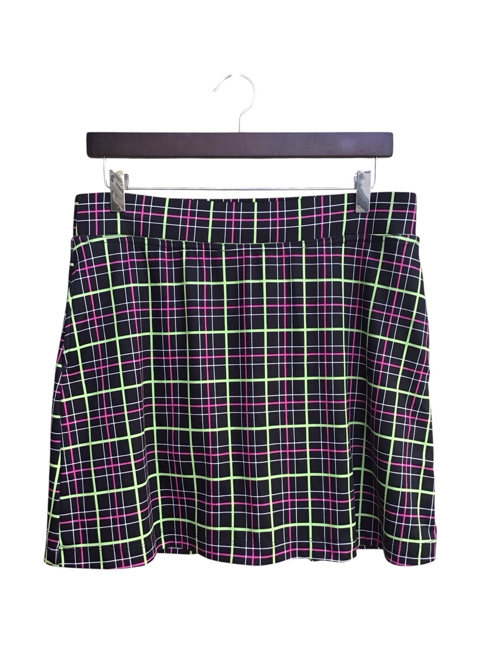 Bermuda Sands Black Plaid Mini Skort with Neon Green and Pink Lines